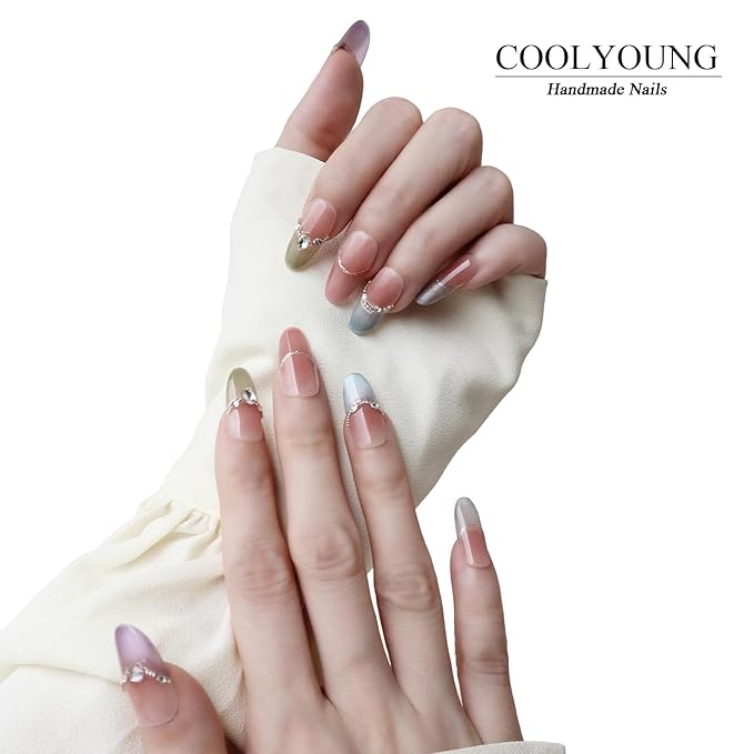 Handmade Press On Nails Short Almond Reusable Press On Nails Women Gifts French Rainbow Nails COOLYOUNG Handmade Nails, 15 PCS, Size M