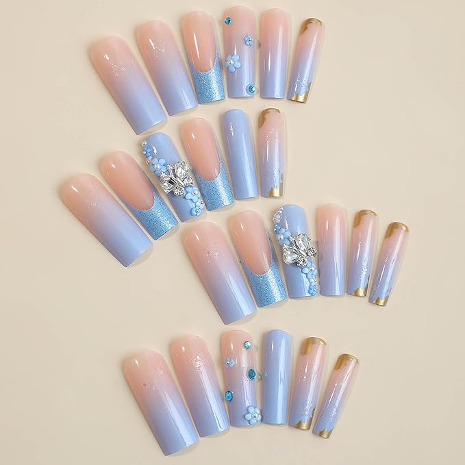 RTKHFZE Long Press on Nails Square French Tip Fake Nails Blue Glitter False Nails with Butterfly and Flower Charm Designs Artificial Nails Full Cover Acrylic Stick on Nail for Women Manicure