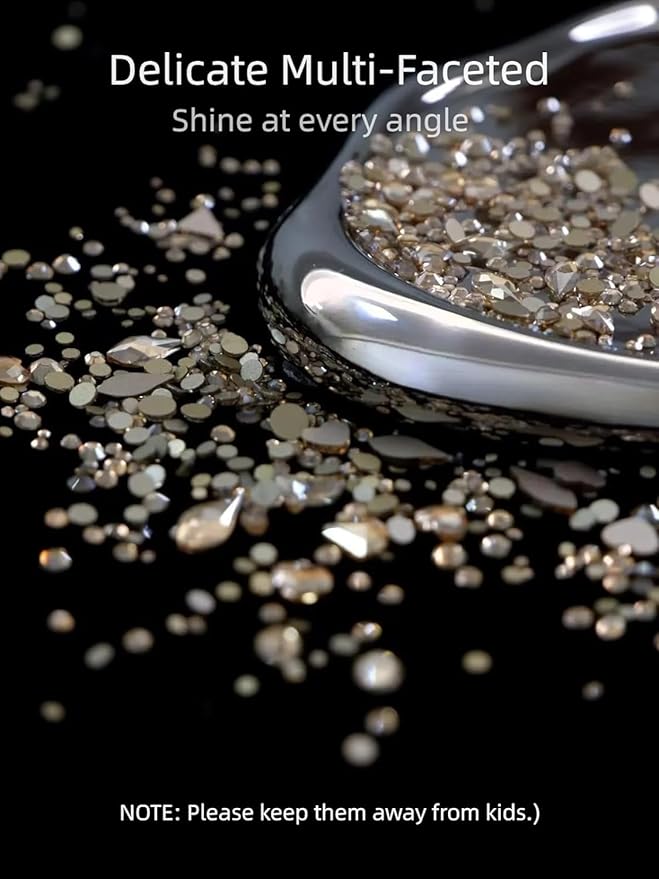 Champagne Nail Rhinestones, 5380Pcs Flatback Gold Glass Charms Gems Stones, 24 Grids 19 Types of Shaped Nail Art Rhinestones Kit with Tweezers, 6 Sizes for Face Decoration