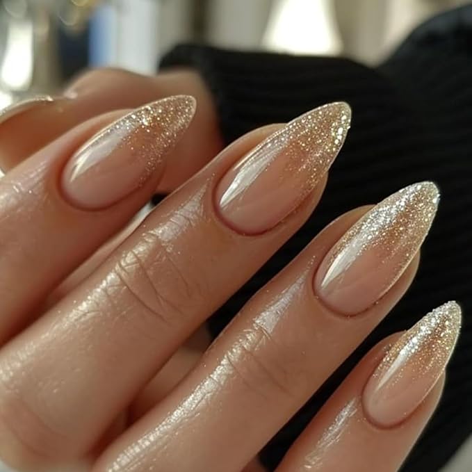 Nude Semi Cured Gel Nail Strips 20Pcs Glitter UV Gel Nail Stickers Glossy Nails Polish Strips UV/LED Light Needed Self Adhesive Full Polish Nails Wraps for Women