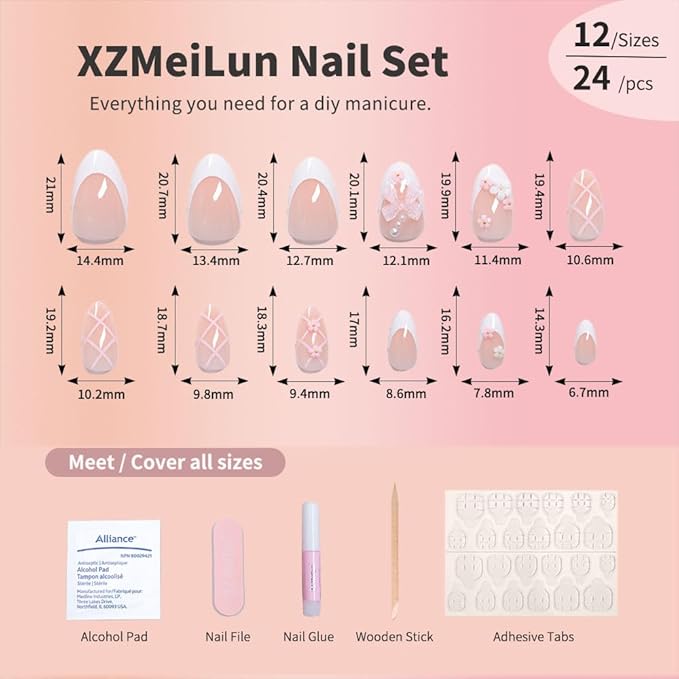 Pink White French Bow Press on Nails, White Pearl Fake Nails, Almond Short Acrylic Press-Ons with Charming 3D Plaid Floral Design, Reusable Glue-On Stickers for Fall Flower Nails for Women