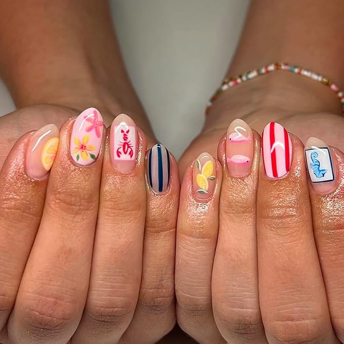 Cute Summer Press on Nails Short Oval Fake Nails Beach Nails Press ons with Lemon Flower Stripe Seahorse Fish Design,Reusable & Easy Apply Stick on Nails for Women Manicure 24Pcs