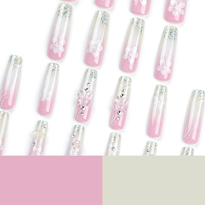 RTKHFZE Nails Press Ons French Press on Nails Long Square Fake Nails with Charms 3D Butterfly and Rhinestones Designs Acrylic Nail French Pink White Gradient Full Cover False Nails for Women 24Pcs