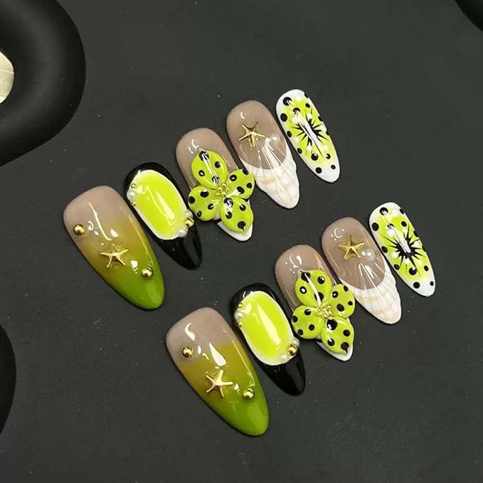 10Pcs Handmade Press On Nails Medium Almond Fake Nails 3D Flower With Star Gradient Design French Tip False Nails Full Cover Acrylic Glossy Floral Stick On Nail For Women Girls (SIZE:S)