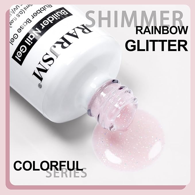 RARJSM Nude Pale Pink Rainbow Glitter Rubber Base Coat Gel Nail Polish Natural Skin Tone Iridescent Shimmer Brush on Extend Jelly Gelpolish Soak Off Curing Requires 15ml Salon Home French Manicure