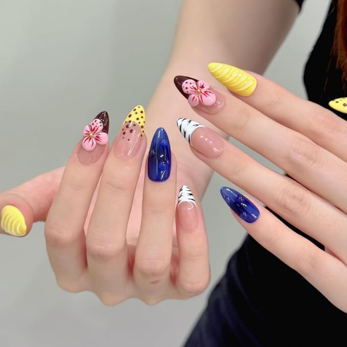 3D handmade nails press on false nails,Thick Strong Waterprooft almond hand-painted yellow blue pink flower acrylic fake nails designed kit,10 Nails, Size L #2977