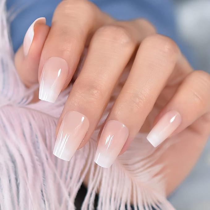 EchiQ Cherry Blossom Pink Gradient Press On Nail Wearable Artificial Acrylic Full Cover Coffin Glossy Nature Fake Nails Reusable Medium Short False Nail Art Tips for Women Girls Gift 24pcs/Set