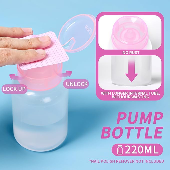 400pcs Lint Free Nail Wipes Kit - Pink Gel Nail Polish Remover Wipes with 1pcs Nail Polish Remover Pump SHEERBLISS Lash Extensions Glue Cleaning Wipes with Empty Lockable Acetone Pump Dispenser 220ml