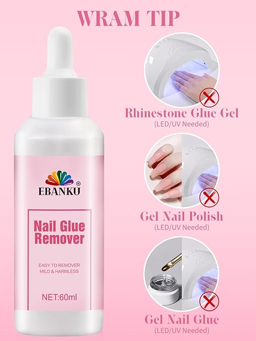 EBANKU 60ML Nail Glue Remover, Press On Nail Remover Quick Easy Removal, False Nails Adhesive Debonder with Cuticle Pusher, Non-Acetone Gentle Off for False Tips