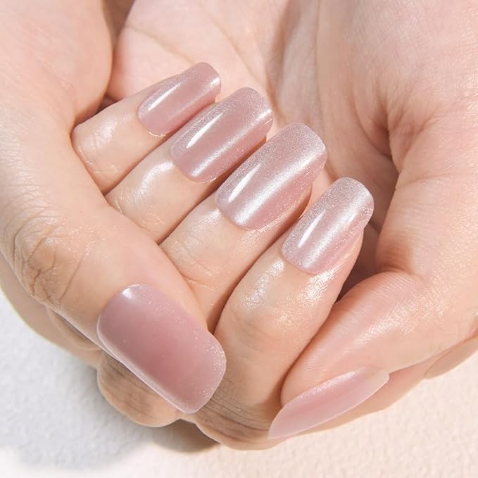 Light Nude Cat Eye Press on Nails Medium Square, Medium Square Press Stick on Nails Chrome for Women Gift, Nude Holographic Glitter Glossy Reusable Soft Gel Acrylic Fake Nail with Cateye Effect Design