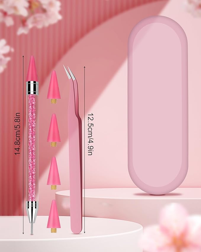 Rhinestone Picker Tool, Wax Pencil for Rhinestones Tool, Dual-ended Nail Bedazzling Tools With 4 Extra Pink Replaceable Wax Head and 1 Tweezer (Pink B)