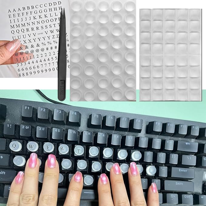 Number Character Nail Sticker Keyboard Stickers with Tweezers for Long Nails Protector Raised, Clear Self Adhesive Silicone Keyboard Cover Nail Art Suitable for Round Button Keyboard (Square,80 PCS)