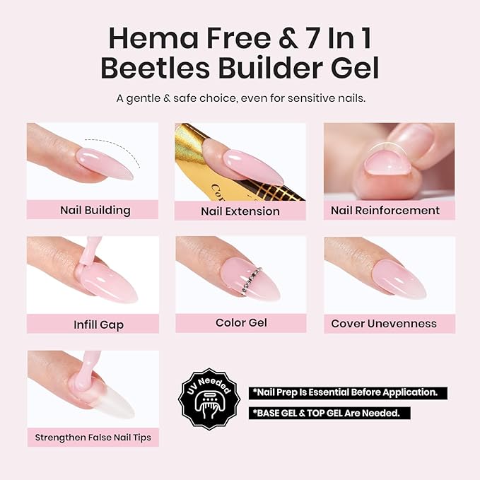Beetles Builder Gel Set HEMA Free-Blush Whisper 4 Color 7 in 1 Nail Thickening Strengthening Building Apex with Base & Top Coat for Beginner DIY Salon at Home,Nude Builder Nail Gel,UV & LED Lamp Cured