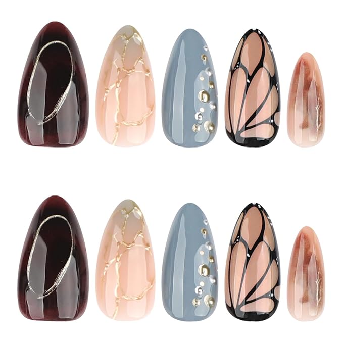 Butterfly Wing Press on Nails Medium Almond Fake Nails Brown Nails Press ons with Gold Accents Full Cover Stick on Nails for Women Spring Summer Manicure,Reusable | Glue Tabs | Easy Apply | 24Pcs