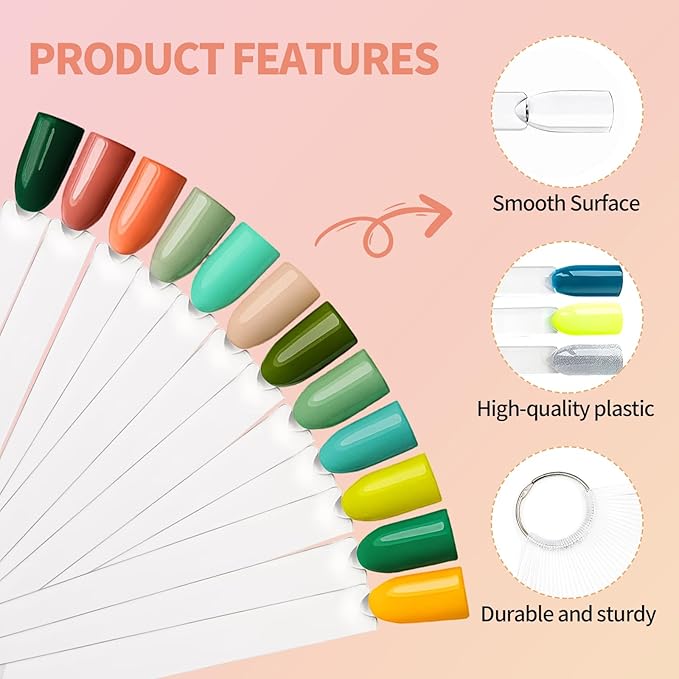 100 PCS Nail Swatch Sticks, Clear Plastic Nail Color Swatches with Metal Ring, False Fake Nail Art Tips Sticks for Gel Polish Display,Practice(Square Nail Sample Fan)