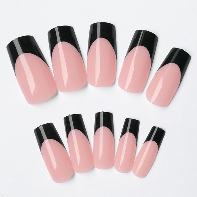 AddFavor French Tip Press on Nails Square Fake Nails, 120pcs Black French Tips Nails Medium Glossy Nude Nails Press on Artificial False Nail Square Stick on Nails with Adhesive Tab for Women Girls