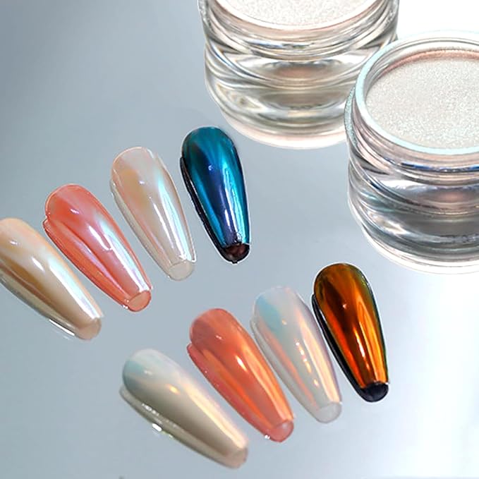 PrettyDiva Aurora Chrome Nail Powder - 2 Colors Pearl Chrome Nail Powder with Multi Color Shifting Metallic Powders Mirror Effect, Magic Moonlight Effect White iridescent Pigment powder for Nails