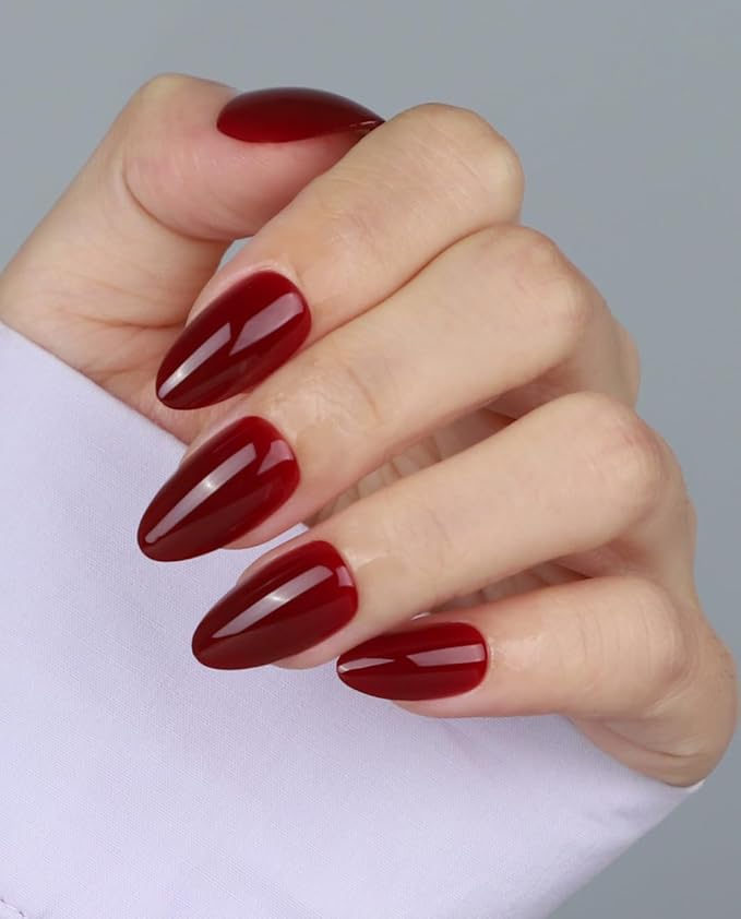 Burgundy Red Press On Nails Short, 16 Sizes Almond Fake Nails Glossy 32pcs, Nail Glue Included