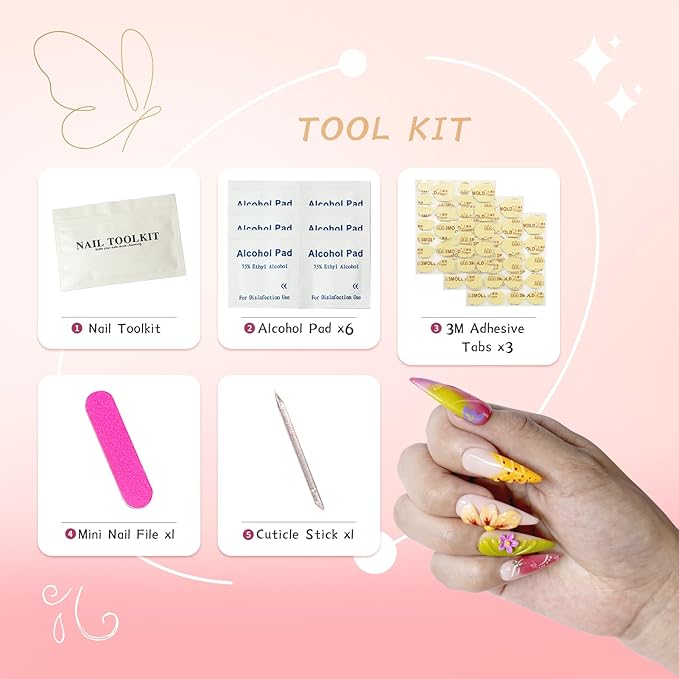 Handmade Press On Nails Long Stiletto – Tropical Colorful False Nails with 3D Carved Flowers, Gradient Glossy Finish, Reusable Stick on Sculpted Summer Party Nail Art for Women (10pcs)