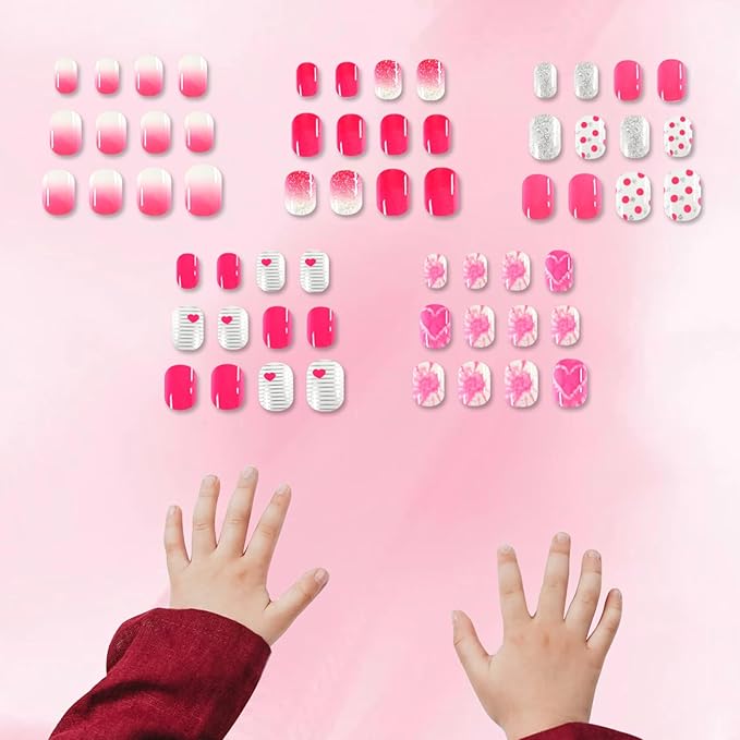 SIUSIO 120Pcs 5 Pack Press on Nails kids Children Acrylic Fake Nails Cute Pre-glue Full Cover Gradient Color Rainbow Short Stick On False Nail Art Kits Set for Kids Little Girls - Pink Love