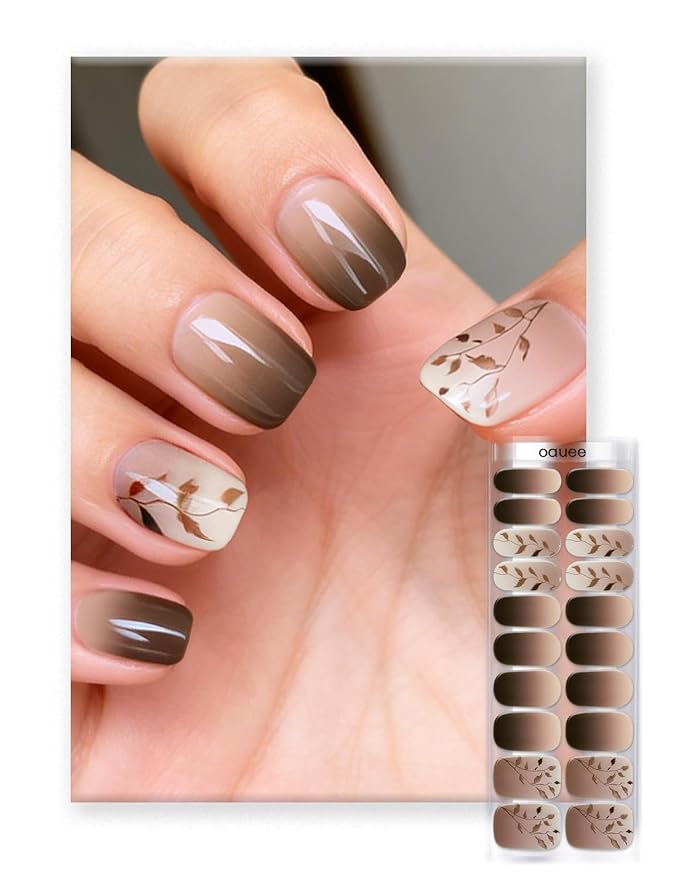 Semi Cured Gel Nail Strips | Built-In Gel Top Coat | UV Light Required | Salon Quality, Easy Application And Removal (Mocha Leaf Elegy）