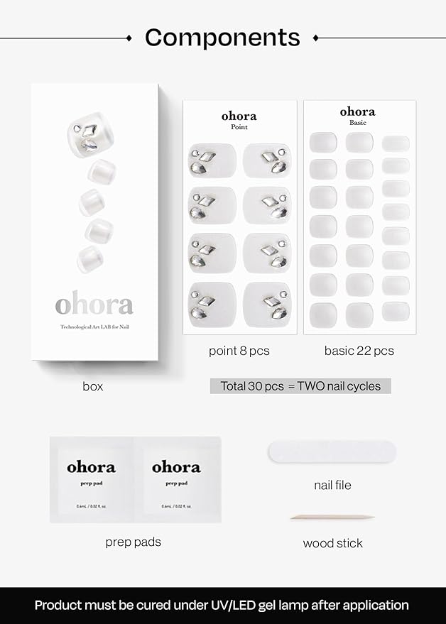ohora Semi Cured Gel Pedi Strips (P Silky) - Works with Any Nail Lamps, Salon-Quality, Long Lasting, Easy to Apply & Remove - Includes 2 Prep Pads, Nail File & Wooden Stick