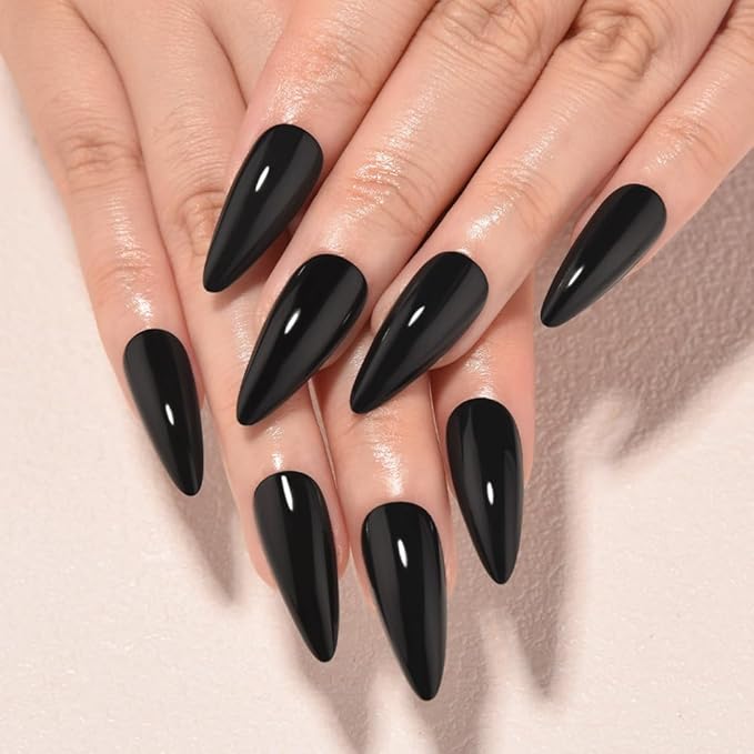 evpct Black Glossy Press on Nails Medium Almond, Glossy Black Fake Nails False Nail Pure Color with Kit, Salon Quality Soft Gel Stick on Acrylic False Soft Nails Reusable Full Cover for Women Manicure