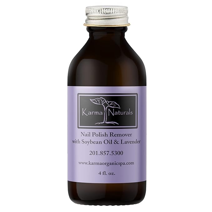 Karma Organic Nail Polish Remover with Soybean Oil and Lavender Oil- Non Toxic, Vegan, Cruelty Free, Acetone Free – Nails Strengthener for Fingernails – 4 fl. Oz