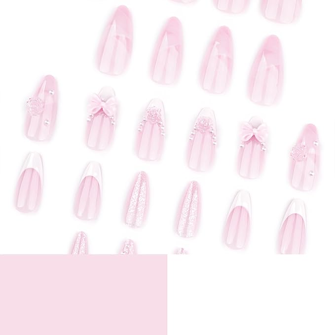 Press on Almond Nails - Medium Fake Nails with Bow Flower Charms Design - White French Tip False Nails for Women 24 Pcs