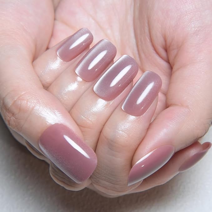 Mauve Pink Cat Eye Press on Nails Medium Square, Medium Square Press Stick on Nails Chrome for Women Gift, Mauve Holographic Glitter Glossy Reusable Gel Acrylic Fake Nail with Designs Cateye Effect