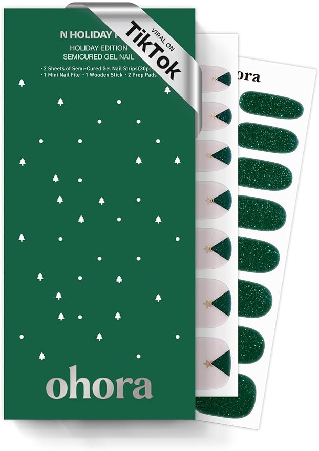 ohora Semi Cured Gel Nail Strips (N Holiday Pine) - Works with Any Lamps, Salon-Quality, Long Lasting, Easy to Apply & Remove - Includes 2 Prep Pads, Nail File & Wooden Stick