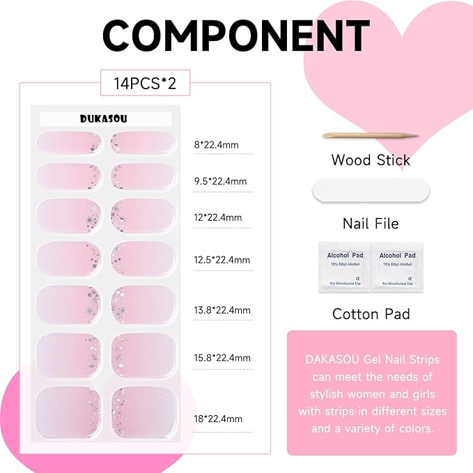 Semi Cured Gel Nail Strips, 28 pcs Gel Nail Stickers Work with Any UV Lights, Long-Lasting Nail Wraps, Stick on Nails for women Easy to Apply & Remove