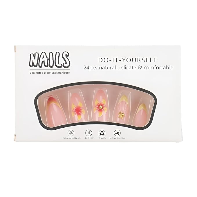 French Tip Fake Nails Medium Almond Press on Nails Flower Nails Press Ons with Rhinestones Design Glossy False Nails Pink Yellow Glue on Nail Gradient Stick on Nail for Women 24Pcs