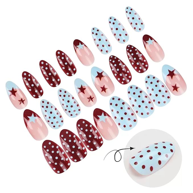 Press on Nails Almond - Short Fake Nails with Polka Dot Star Design - French Tip Full Cover Stick on False Nails - for Women Manicure 24 Pcs