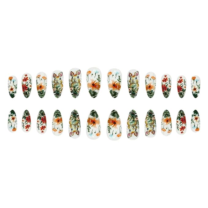 Cute Rabbit Easter Press on Nails - Medium Almond Fake Nails with Spring Flower Designs Glossy False Nails Press ons Reusable Full Cover Stick on Nails Easter Nails for Women Manicure 24Pcs