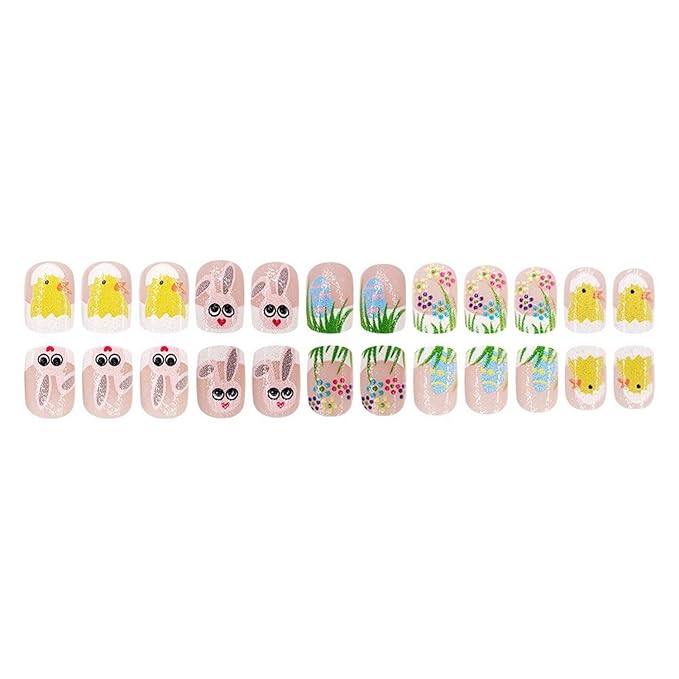 Easter Eggs Hatching Chick Fake Nails Colorful Flower Acrylic Nails Short Square French Tip Easter Press on Nails Cute Bunny False Nails with Design Full Cover Stick on Nails for Women Nail Art