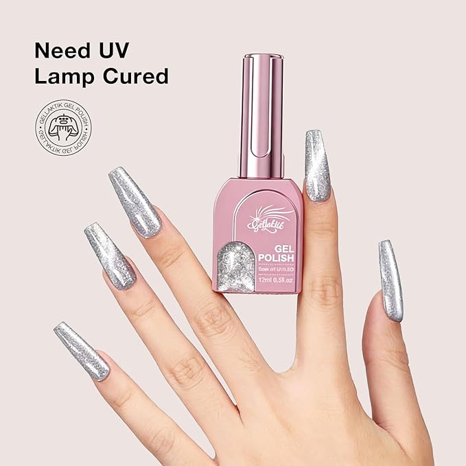 Silver Cat Eye Gel Nail Polish with Magnetic Stick - 12ML Glitter Magnetic Nail Polish for Multiple 3D Effects, Soak Off UV LED Gel Polish for DIY Manicure Salon Gifts for Women