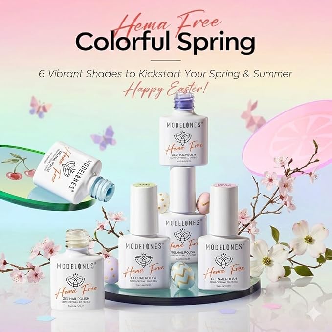 modelones Pastel Gel Nail Polish Set, Hema Free Macaron Gel Polish Set Light Pink Pastel Yellow Purple Baby Blue Green 6 Colors 2026 Spring Easter Nails with Fruit Theme Stickers LED Mani Gift