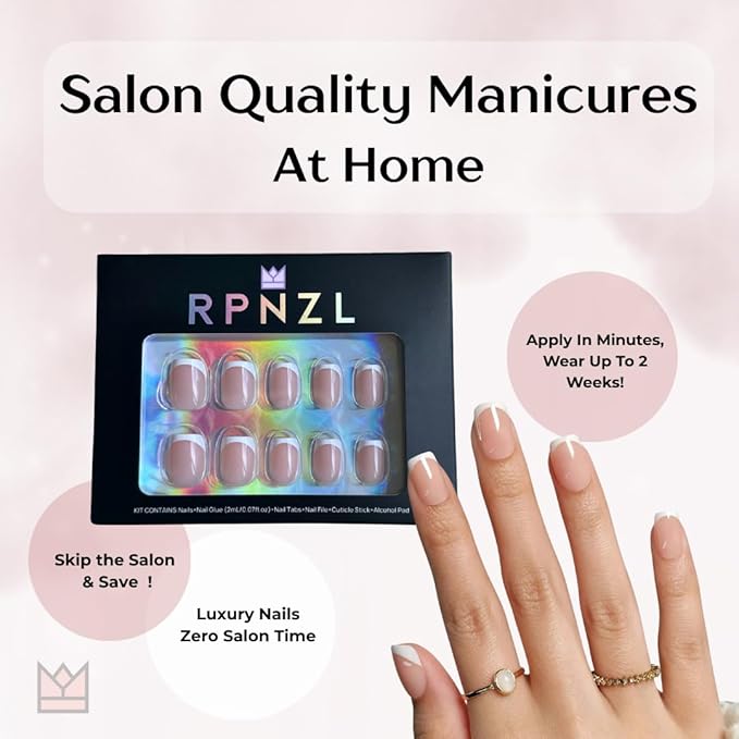 Press On Nails - Frenchie Kiss | Classic French Manicure, UV Finish Square Nails, Reusable, Salon Quality | 32 Nails, 16 Sizes Kit with Glue and Adhesive Tabs