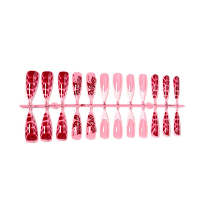 Long Press on Nails Almond Fake Nails Pink Artificial Nail Seeneey 3D Flowers Designs Tortoise Shell Stick on Nail for Women 24pcs