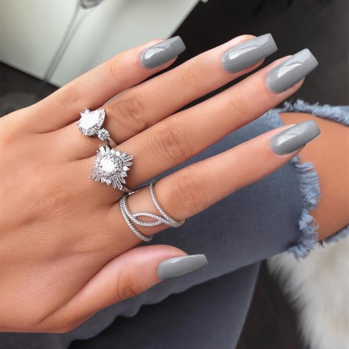 KQueenest Gray Press on Nails Long Medium Square, Stone Grey Fake Nails Medium Coffin, Glossy Sheer Color Acrylic Nails Press ons, Reusable Soft Gel Glue on Nails for Women Fall Winter