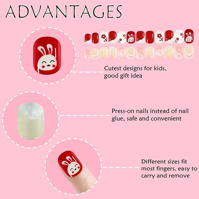Laza 72pcs Children Nails Press On Pre-glue Full Cover Red Heart Pink French Manicure Short False Nail Kits for Kids Teenager Girls - Flower Rabbit