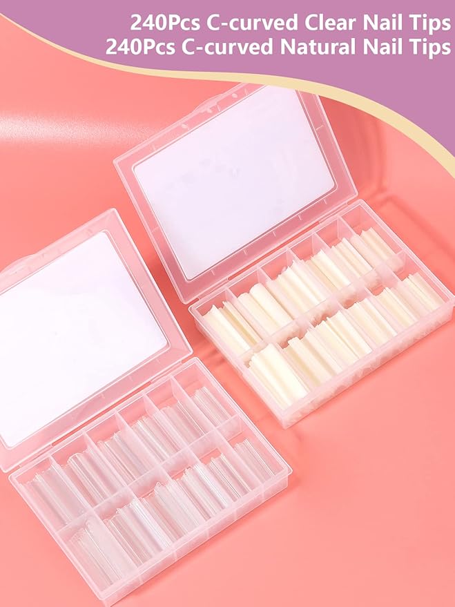 480PCS XL Extra Long C Curve Nail Tips, 2 Packs Natural and Clear Acrylic Nail Tips for Acrylic Nails Professional Set, Half Cover Square Straight Press on False Nail Tips for Nail Art 12 Sizes Box