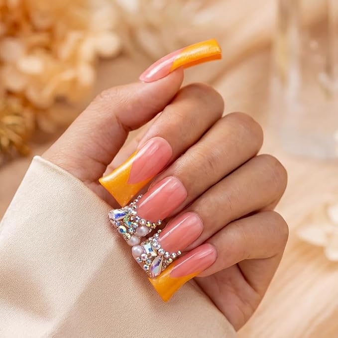 10 Pieces Handmade Luxury Metallic Yellow Shimmer with AB Crystal Shine Long Press On Nails With Bling Rhinestones And Y2K Princess Vibes, Reusable Fake Nails, Acrylic Nails (S)