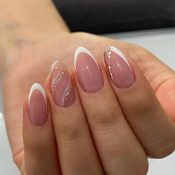 French Press On Nails Medium Short Almond, Nude Fake Nails with White French Tip and Minimalist Gold Line Design, Glossy Gel Finish Acrylic Nails, Natural Reusable Glue On Nails for Women, Luxe Line