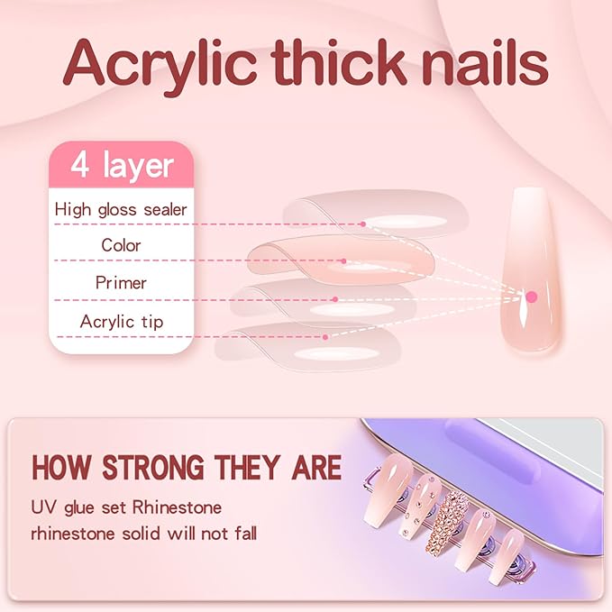 Yivaiks Ballerina 24pcs Press-on Nails Kit, Acrylic False Nails with Rhinestones Design, 12 Sizes for Women, Glossy Artificial Nails for Special Occasions and Daily Use
