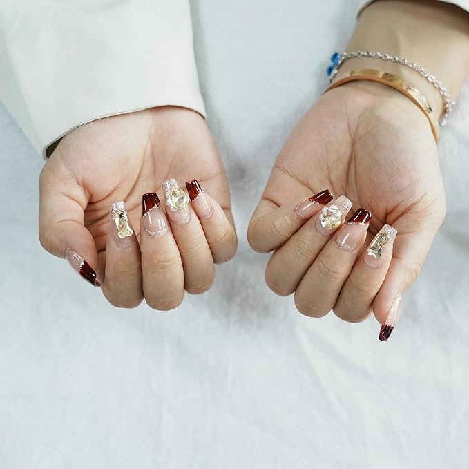 Valentine French Tip Press On Nails Red Short Coffin - Nude Base Gold Glitter with 3D Rhinestone Decor Handmade Nails for Wedding, Party, New Year (Wine Red Romance,M)