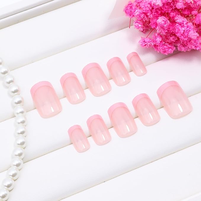 24Pcs Short Press on Nails Square Fake Nails Pink Press ons French Tip Glue on Nails Glossy Full Cover Cute Acrylic Nails Short Coffin False Nails Reusable Artificial Stick on Nails for Women Manicure