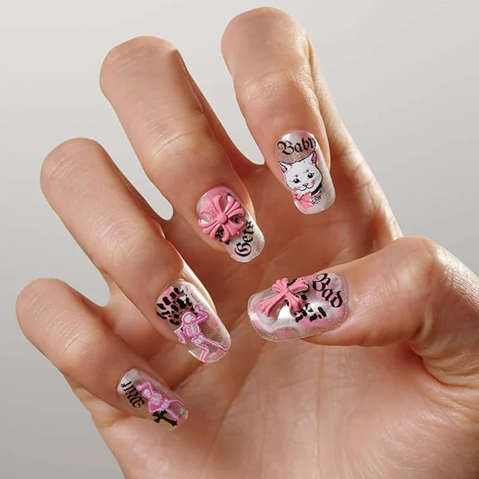 PSYTONE Square French Press on Nails Short Cute Fake Nails Acrylic Flower False Nails for Women and Girls 30 PCS 15 Size 3D Cat Pattern Pink Nails