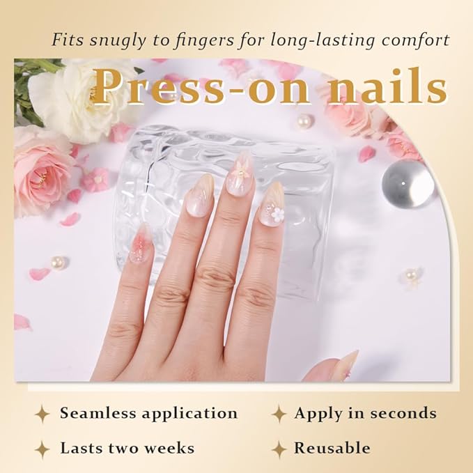 evpct 3D Nude Pink Handmade Press On Nails Almond Short, 3D Flower Shell Design Fake Nails Rusable for Spring & Summer Daily Wear, False Acrylic Nail with Kits Press ons Nail for Women Gift, 30Pcs